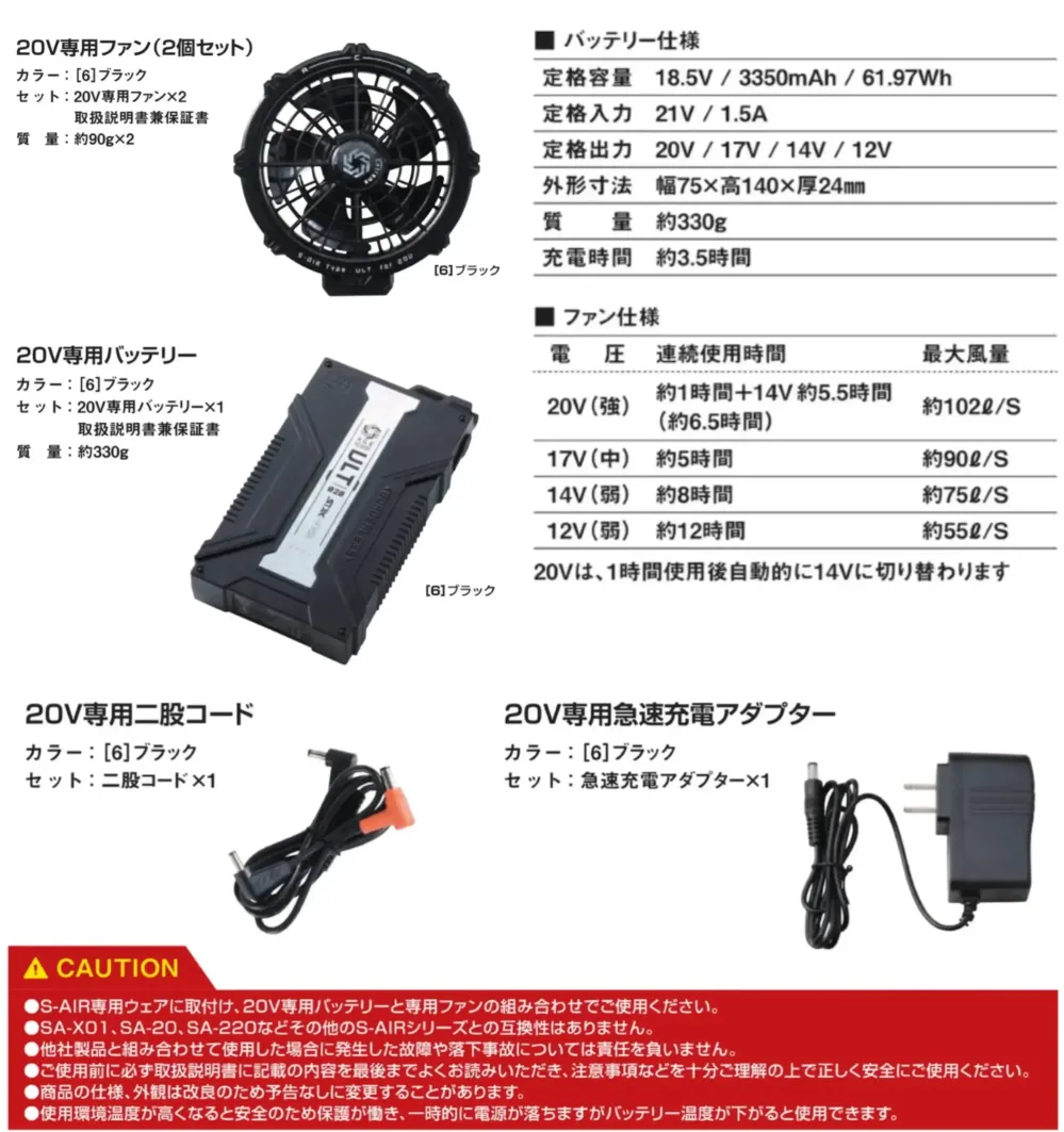 シンメン SA-126 20Vファンバッテリーフルセット サイズ・スペック