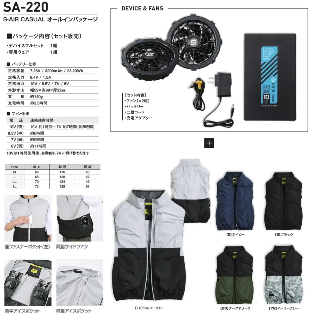 シンメン SA-220 S-AIR CASUAL オールインパッケージ（保冷剤別売） サイズ・スペック