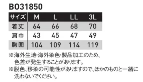 サンエス BO31850 雷神ウォームベスト（発熱ユニット・バッテリー別売） BO31850シリーズカジュアルなデザインながら、上質な生地感で落ち着いた雰囲気を放つ。サッと羽織れるタウンユース向けのアウターベスト。※発熱ユニット・バッテリーは別売りです。・発熱ユニットはこちら→ RD9270・バッテリーはこちら→RD9490PJ雷神服®背中にセットした発熱体が、瞬時に身体を暖める。・空調風神服のバッテリーと連動！・すぐに暖まる！・センサー機能で設定温度を安定キープ！・コントローラーで操作が楽々！・Bluetooth搭載！快適、安全性、経済的。●バッテリー、発熱ユニットなどの電子部品が別パーツだから…・ウェアの水洗いができる。・買い替えが安価にできる。・バリエーションが楽しめる。●1時間連続運転で自動的に「弱」に切替！低温やけどに配慮した設計！温度調節センサー搭載で、「強」「中」使用時、連続運転1時間で自動的に「弱」運転に切り替わります。低温やけどやオーバーヒートに配慮した設計です。※海外生地・海外染色・製品加工のため、色差が発生することがあります。※脱色、移染の可能性がありますので、ほかのものと一緒に洗わないでください。 サイズ／スペック