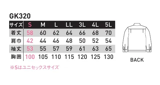 サンエス GK320 長袖ジャック 洗濯機による100回の選択にもほとんど低下のない除電効果があり、低湿度でも良好な帯電防止効果もあり！使用素材は厚生労働省「静電気安全指針」の数値性能を満たしています。※1ベージュ は販売終了致しました。 サイズ／スペック