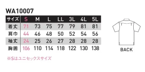 サンエス WA10007 半袖シャツ サラッとした肌触りで放熱・放湿効果が高い素材の涼感ユニフォーム。オーウィッシュ特殊な技法により、織物に通気性の高いスキマをつくっているため、放熱量がアップ。清涼感が抜群な上、手触りも麻のようなシャリ感があり、サラッとした快適な肌触りです。高温環境や夏の暑い環境に快適。※この商品の旧品番は AG10007 です。 サイズ／スペック