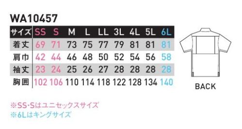 サンエス WA10457 半袖シャツ 人気の主力商品がグレードアップして登場消臭機能と、腕の上げ下げをフリーにしたトリカットを追加。さらに通気性バツグンの脇下メッシュを採用。吸汗・速乾性に優れ、環境にもやさしいリサイクルウェア。カラーバリエーションが豊富な男女ペアユニフォーム。トロピカル使用済みペットボトルを回収し、再利用して作られた地球にやさしい再生繊維です。地球環境を考え、限りある資源を有効活用しています。●吸汗・速乾性に優れています。●通気性が高く、ドライタッチのサラサラ感。●シワになりにくく、イージーケア。DEO-GRAFTデオ・グラフト使用しているテープは糸の表面から中身にまで消臭機能を持たせることにより、消臭飽和量が圧倒的に多く、すばやく消臭します。※この商品の旧品番は CR10457 です。 サイズ／スペック