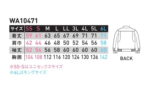 サンエス WA10471 長袖ブルゾン 着心地の良さと大容量のポケットで使いやすさを追及。売れ筋NO．1の人気モデル。出し入れカンタン！左胸懐ポケット左胸部分に大きめサイズの収納内ポケットを装備。ファスナーを降ろさず、カンタンに出し入れできます。実用新案登録済み。※この商品の旧品番は AG10471 です。 サイズ／スペック