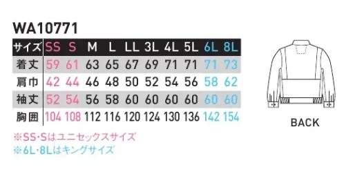 サンエス WA10771 長袖ブルゾン レディースアイテムも充実した、男女ペアユニフォームトリカット脇のツッパリを解消。脇の裾から袖口まで一枚で裁断。縫い目がないので、脇の下のツッパリ感を解消。腕がスムーズに動かせます。強撚トロピカル強撚により、織物に通気性の高いスキマを作っているため、放熱量がアップ。清涼感のあるサラッとした快適な肌触りです。●肌触りのいいシャリ感。●撚糸使用で優れた通気性。●クリアな発色性。※この商品の旧品番は AG10771 です。 サイズ／スペック