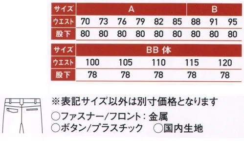 サンエス WA11714 ノータックパンツ 暑い夏も上質の着心地で、ハードにかっこよく決める。帯電防止、耐久性、消臭。ワーカーのための機能満載の新シリーズ。空調風神服®連動企画ユニフォームデビュー空調風神服®と同じ色で上下コーディネイトをかっこよく決める。サマーツイルポリエステルの強さと綿の吸汗性を合わせ持った素材で柔らかな風合い。DEO-GRAFTデオ・グラフト使用しているテープは糸の表面から中身まで消臭機能を持たせることにより、消臭飽和量が圧倒的に多く、すばやく消臭します。※「130サイズ」は「WA11714-B」に掲載しております。 サイズ／スペック