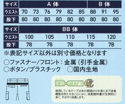 サンエス WA11815 ワンタックカーゴパンツ COLER VARIATIONスタイリッシュさと満載の機能。組み合わせ自在なカラーバリエーション。ワークウェアの「イマ」がサンエスより登場。フレキシブルメッシュ搭載で動きやすい！！（実用新案登録済）DEO-GRAFTデオ・グラフト使用しているテープは糸の表面から中身にまで消臭機能を持たせることにより、消臭飽和量が圧倒的に多く、すばやく消臭します。※「130サイズ」は「WA11815-B」に掲載しております。 サイズ／スペック