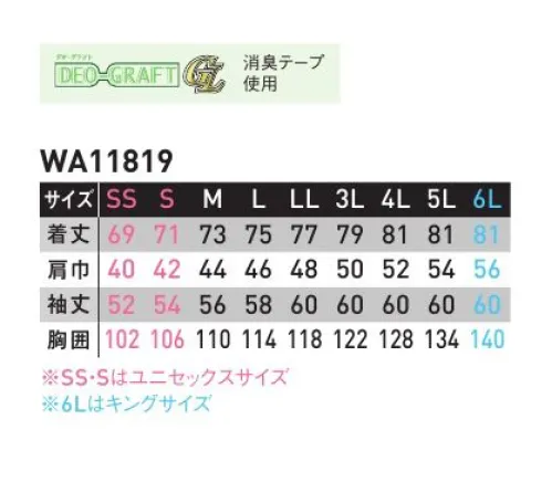 サンエス WA11819 長袖シャツ COLER VARIATIONスタイリッシュさと満載の機能。組み合わせ自在なカラーバリエーション。ワークウェアの「イマ」がサンエスより登場。フレキシブルメッシュ搭載で動きやすい！！（実用新案 出願申請中）r>DEO-GRAFTデオ・グラフト使用しているテープは糸の表面から中身にまで消臭機能を持たせることにより、消臭飽和量が圧倒的に多く、すばやく消臭します。 サイズ／スペック