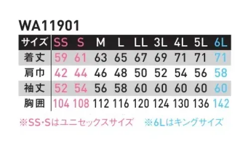 サンエス WA11901 長袖ブルゾン 業界最先端！綿100％ハイストレッチワークウェア。長く待ち望まれていた、高ストレッチ性の綿100％シリーズがついに登場。火に強いといった綿の特性を存分に活かしつつ、汚れのつきにくい防汚性や超ストレッチ性を兼ね備えた新素材。火を扱うワークの為のセーフティ機能も多機能搭載。●火の粉を防ぐセーフティ仕様襟裏のボタン同士を止事で、首元の火花を防ぐ。●綿100％ストレッチ素材業界でも待ち望まれていたハイストレッチ性のコットン素材。火を扱う現場にも、動きやすさを。 サイズ／スペック