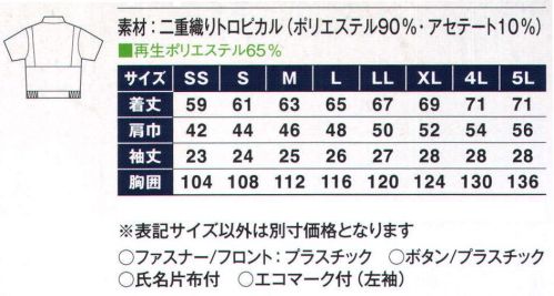 サンエス WA14110 半袖ブルゾン チリ・ホコリを嫌うデリケートワーク用の低発塵ユニフォーム。クララペットIC「クリーンさ」が要求されるさまざまな職場環境に対応。ペットボトル再生ポリエステル使用リサイクル素材。●衣服からほこりが出にくく、衣服にほこりが付きにくい設計です。●優れた静電気帯電防止性能があります。●速乾性に優れ、肌に優しい着用感が得られます。※この商品の旧品番は AG14110 です。※「7 グリーン」は、販売を終了致しました。 サイズ／スペック