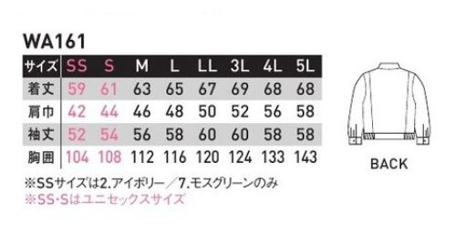 サンエス WA161 長袖ブルゾン 上品な光沢の最高級綿「ハミコットE」を使用。【ハミコットE】中国新彊ウイグル地方のハミで産出される最高級原綿に、極細のポリエステルを加え強度をいっそう向上させた新機能素材。綿の持つソフトで自然の肌ざわりや吸汗性のよさに、ポリエステルの丈夫さ、寸法安定性、放湿性を融合し、画期的な着心地の良さを実現しました。●ナチュラルで上品な光沢。●ソフトでしなやかな風合い。●優れた発光性。●抗ピリング性・抗スナッキング性・吸放汗性・防汚性・制電性など抜群。複重層構造糸（二層構造糸）綿のやさしさとポリエステルの強さをミックス。糸表面の綿が静電気や毛玉の発生を防ぎ、芯部のポリエステルが、適度な伸縮性と安定性、さらにソフト感を維持。快適な着心地を生み出す注目の糸です。※綿製品（パルパー）のお取り扱いについてパルパーは糸の表面を綿で構成しております。綿素材は、繰り返しの使用で少しずつ色が褪せてきますので、下記の点にご留意ください。・変色の恐れがあるため、塩素漂白剤を使用しないでください。・洗濯の際、陰干し、または裏返して干して頂きますと、色褪せしにくくなります。※SSサイズは「2 アイボリー」、「7 モスグリーン」の2色展開となっております。※この商品の旧品番は IM161 です。 サイズ／スペック