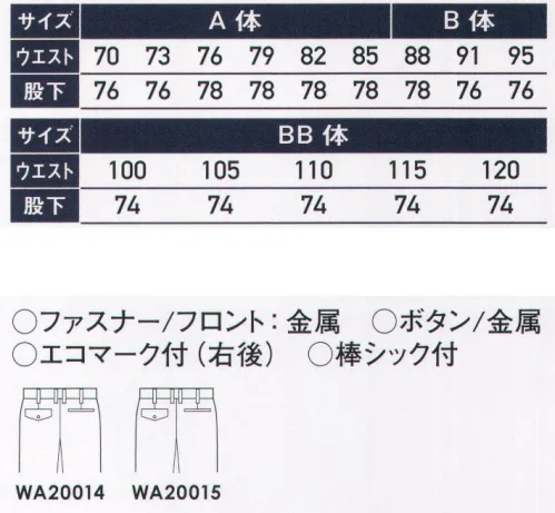 サンエス WA20014 ツータックパンツ マイナスイオン効果が健康をサポート。肌にやさしい高機能素材。サンイオネス【マイナスイオン発生素材】サンイオネスが放出するマイナスイオンが血液循環を促進。体をいやし、健康と快適をサポートします。各商品の一部に使用しています。パルパーエコ®ユニフォームの機能を徹底的に追求した「パルパーエコ」は、再生ポリエステルを上質のコットンで包み込んだ次世代素材です。●肌にやさしく着心地がソフト。●ストレッチ性(ヨコ伸び)に優れ提案す。●メガーナ®使いのため静電性に優れています。※この商品の旧品番は AD20014 です。 サイズ／スペック