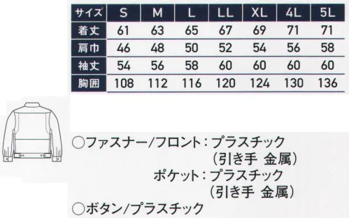 サンエス WA20111 長袖ジャンパー ストレッチ性に優れた二重織り裏綿。腕がスムーズに動き、脇の下や背中のツッパリ感を解消。TELEキャッチャー携帯電話が落ちにくい収納ポケットを装備。強力ニットがしっかりホールド。 トリカット®+NEWフォーク 腕のつっぱりを解消脇の裾から袖口まで一枚で裁断。縫い目がないので脇の下のツッパリ感を解消。ノーフォークにプリーツを採用することにより腕の動きがさらにスムーズ。見た目もスッキリ。実用新案登録済み。※この商品の旧品番は AG20111 です。 サイズ／スペック