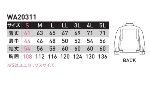 サンエス WA20311 長袖ジャンパー エコマーク対応商品。腕がツッパリにくいトリカット+ストレッチ性で動きやすさを追求。トリカット®腕のツッパリを解消脇の裾から袖口まで一枚で裁断。縫い目がないので、脇の下のツッパリ感を解消。腕がスムーズに動かせます。ユニエコロ®再生ポリエステル繊維「ユニエコロ®」は、使用済みペットボトルを回収、再利用してから作られた地球にやさしい“再生繊維”です。「軽さ」「強さ」「衛生的」・・・が特長のペットボトルが“繊維”として再生されました。限りある資源の再利用と、地球環境を考えた繊維、これがユニチカテキスタイル「ユニエコロ®」です。※この商品の旧品番は BC20311 です。 サイズ／スペック