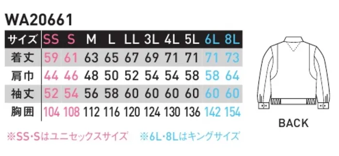 サンエス WA20661 長袖ブルゾン 機能性とデザイン性を重視！シーンを選ばないベーシックなデザイン。同コンセプトの帽子とコーディネートできます。 ※この商品の旧品番は BC20661 です。 サイズ／スペック