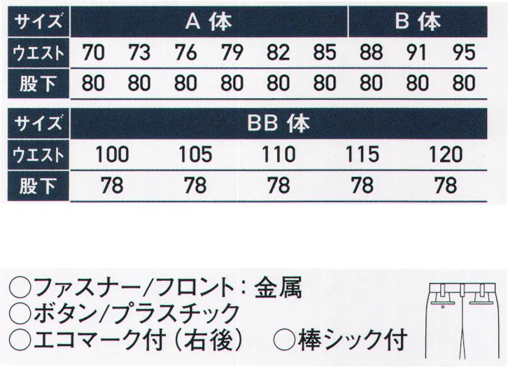 サンエス WA21164 ツータックパンツ 選べるブルゾン。右胸ファスナーポケットタイプ。帯電防止規格 JIS T8118規格適合。エコマーク認定商品。二重織り裏綿の着心地の良い素材。二重織り裏綿使用済みペットボトルを回収し、再利用して作られた地球にやさしい再生繊維です。地球環境を考え、限りある資源を有効活用しています。※この商品の旧品番は AG21164 です。 サイズ／スペック