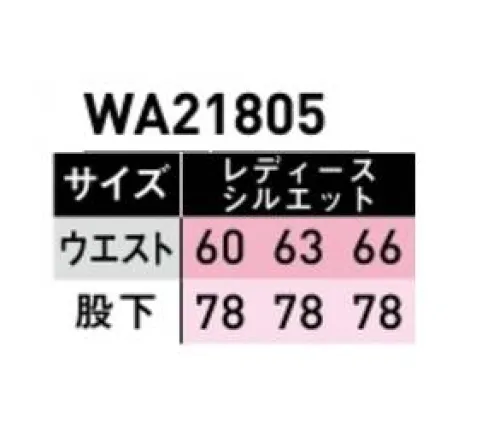 サンエス WA21805A ワンタックカーゴパンツ（レディースシルエット） 反射テープや切り替えデザインが目を引く、ワーキングウェアのニューウェーブ！！高ストレッチ性でハードワークにも対応。ユーロスタイルの新シリーズ。◎DEO GRAFT（デオ グラフト）使用しているテープは糸の表面から中身にまで消臭機能を持たせることにより、消臭飽和量が圧倒的に多く、すばやく消臭します。 サイズ／スペック