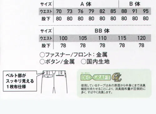 サンエス WA21904 ノータックパンツ 火に強いといった綿の特性を存分に活かしつつ、汚れのつきにくい防汚性や超ストレッチ性を兼ね備えた新素材。火を扱うワーカーの為のセーフティ機能も多数搭載。●綿100％ストレッチ素材業界でも待ち望まれていた、ハイストレッチ性のコットン素材。火を扱う現場にも動きやすさを。 サイズ／スペック