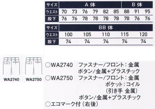 サンエス WA2740 ツータックパンツ いつまでも変わらない輝きと鮮やかな発色性の男女ペアカラーユニフォーム。発色性抜群の特殊糸を使用した高級生地を使用。SN2000(新合繊)繊維の表面にある無数の超ミクロクレーター(極小の穴)が光を吸収し、拡散させます。それによりしっかり落ち着きのある色が可能になったのです。※この商品の旧品番は AG2740E です。 サイズ／スペック