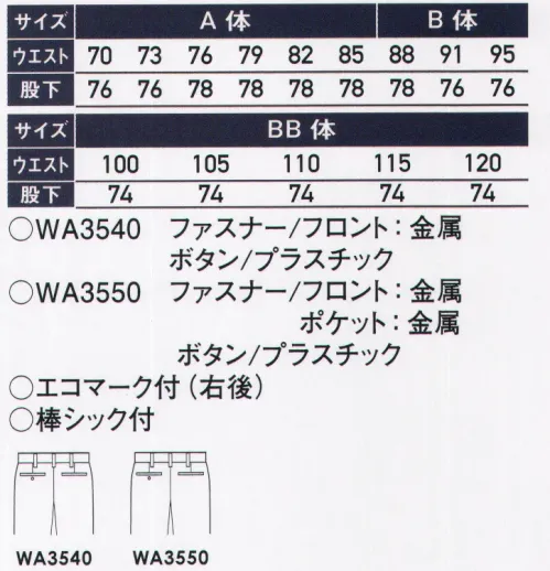 サンエス WA3550 ツータックカーゴパンツ 特殊加工のソフトな肌触り。光沢感のある上質生地使用。様々な作業用途に対応したシリーズ！！環境にやさしいリサイクル素材の採用でエコマーク取得済み！フィルバソフトな肌触りはもちろん、しなやかで上質な光沢感、ドレープ感を備え、着心地と見心地ともに快適なオンタイムを演出します。●特殊加工を施しており、ソフトな肌触りが持続。●しなやかで反発性のある風合い。●美しく上品な光沢、洗練された素材感。●ペットボトルリサイクル繊維を使用。※この商品の旧品番は BC3550E です。 サイズ／スペック