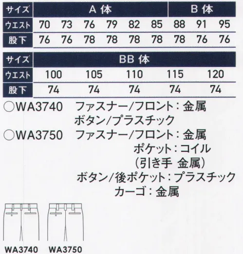 サンエス WA3750 ツータックカーゴパンツ ソフトでふっくらとした素材です。※この商品の旧品番は BC3750 です。※「7 ミントグリーン」、「37 ライトグリーン」は、販売を終了致しました。 サイズ／スペック