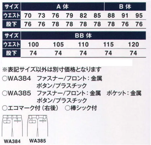 サンエス WA384 ツータックパンツ 生地の裏側はサラリとした肌さわりの点接触構造二重織り表裏ともポリエステル65％・綿35％の二重織り織物です。ソフトでさわやかな肌ざわりで、快適な着心地。肌に触れる部分は点接触により汗によるベタつき感を解消。※この商品の旧品番は BC384E です。 サイズ／スペック