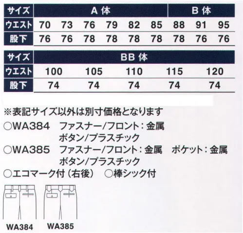 サンエス WA385 ツータックカーゴパンツ 生地の裏側はサラリとした肌さわりの点接触構造二重織り表裏ともポリエステル65％・綿35％の二重織り織物です。ソフトでさわやかな肌ざわりで、快適な着心地。肌に触れる部分は点接触により汗によるベタつき感を解消。※この商品の旧品番は BC385E です。 サイズ／スペック