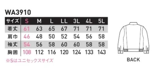 サンエス WA3910 デカポケブルゾン 驚異的な収納力を誇る”デカポケ”を装備しました。 【ザ・デカポケ】驚異の収納力を誇るロングサイズポケット。胸の切り替えから裾までが収納スペース。サイドにマチが付いている為、厚みのあるものでも収納可能です。実用新案登録済み。●二重織り。表裏ともにポリエステル65％・綿35％のソフトであたたかみのある二重織り素材です。※この商品の旧品番は BC3910 です。 サイズ／スペック