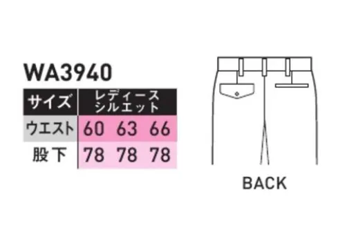 サンエス WA3940A ツータックパンツ（レディースシルエット） 吸湿性が高く汗による不快なムレを抑制。室温の高い工場内や機械まわりで働くワーカーへ。●二重織り。表裏ともにポリエステル65％・綿35％のソフトであたたかみのある二重織り素材です。※「70～120サイズ」は「WA3940」に掲載しております。 サイズ／スペック