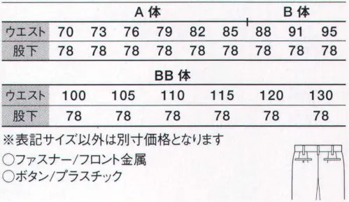 サンエス AS21205-B ツータックカーゴパンツ 帯電防止性に優れた二重織り裏綿使用のカラーユニフォーム。洗濯耐久性にも優れています。織物芯（一部）を使用することにより、新鮮さをキープ。JIS T8118規格適合商品です。製造業・運送業などソフトワーク向け男女ペアユニフォーム。※他のサイズは、「AS21205」になります。 サイズ／スペック