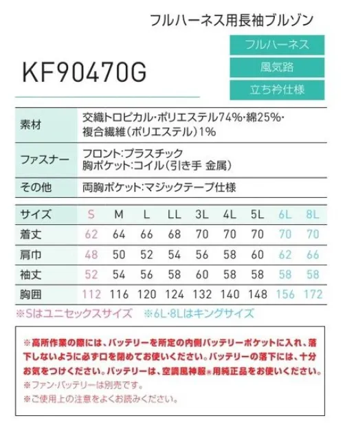 空調風神服 KF90470G フルハーネス用長袖ブルゾン（空調風神服）（ファン・バッテリー別売）  高所作業向け機能が満載のフルハーネス仕様ブルゾンKF90470Fのリニューアル（新仕様）商品です。●腰ベルトの邪魔にならないファンの位置腰よりも少し高めのファン位置が、腰ベルトの装着を妨げません。●クイックフリーファスナー軽い負荷でファスナーが外れ、落下時の首吊り事故リスクを軽減。【スリーエム・ジャパン(株)試験済み】スリーエム ジャパン株式会社が実施した試験においてハーネスを適切にフィットさせ、ハーネスの取扱説明書に従い装着している限り、スリーエム社製フルハーネス墜落制止用器具とは安全に併用できたことを確認しております。なお、当該実験結果は参考情報であり、本実験確認結果を持って当社製品とスリーエム社製フルハーネス墜落制止用器具との併用についての安全性の保障をおこなうものではありません。※高所作業の際には、バッテリーを所定の内側バッテリーポケットに入れ、落下しないように必ず口を閉めてお使いください。バッテリーの落下は、十分お気をつけください。バッテリーは、空調雷神服®用純正品をお使いください。【この商品単体ではご利用になれません。初回ご購入時には、別売りのファンユニットセットをあわせてご購入下さいませ。】二機のファンが生み出す圧倒的空調性能！！空調服とは・・・「空調服」とは、服に付いた小型ファンで、服の中に外気を取り入れ、体の表面に大量の風を流すことにより、汗を気化させて、涼しく快適に過ごしていただく為の商品です。使用するエネルギーもエアコンなどに比べて格段に少なく、環境にも配慮した製品です。工場や屋外作業などエアコンの使用できないような環境でも、快適に過ごしていただけるようになります。 特許取得の実力派！！涼しさの秘密はココ！！ファンから服の中に毎秒約20リットルの外気が取り込まれます。取り込まれた空気は、服と体の中に流れ、その家庭でかいた汗を気化させます。「生理クーラー」の原理を利用、清涼感が全体に行きわたります。服内を駆け巡る風が、気化熱を奪う。人は、体温が上がると汗をかき、蒸発による際の気化熱で体温を下げます。この「生理クーラー」と呼ばれるメカニズムを利用しているのが、空調服です。ファンから取り入れた空気を身体とユニフォームの間に流して、汗が蒸発する時の気化熱で身体を冷やして、涼しく快適な環境を作ります。夏場でも、エアコンで室内を大量に下げる必要がないため、省エネ効果はもちろん、熱中症や冷房病の防止も期待できます。※この商品は、ご注文後のキャンセル・返品・交換ができませんので、ご注意下さいませ。※なお、この商品のお支払方法は、先振込（代金引換以外）にて承り、ご入金確認後の手配となりますこの商品の旧品番は「KU90470G」です。旧品番と新品番が混在する可能性がございますが、ご了承ください。旧品番は在庫がなくなり次第販売終了となります。 サイズ／スペック