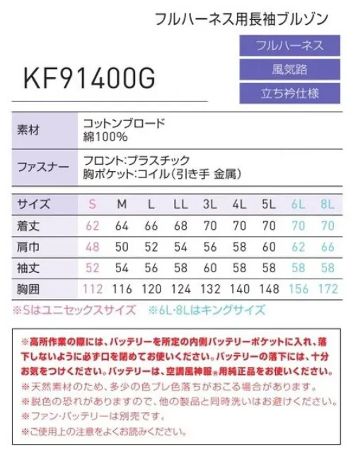 空調風神服 KF91400G フルハーネス用長袖ブルゾン（空調風神服）（ファン・バッテリー別売）  クイックフリーファスナーを採用した綿素材の高所向けブルゾンKF91400Fのリニューアル（新仕様）商品です。●フックが掛けられる着脱可能なD環付前身頃胸部分に付けられるD環が休止フック掛けとなります。●腰ベルトの邪魔にならないファンの位置腰よりも少し高めのファン位置が、腰ベルトの装着を妨げません。●クイックフリーファスナー軽い負荷でファスナーが外れ、落下時の首吊り事故リスクを軽減。【スリーエム・ジャパン(株)試験済み】スリーエム ジャパン株式会社が実施した試験においてハーネスを適切にフィットさせ、ハーネスの取扱説明書に従い装着している限り、スリーエム社製フルハーネス墜落制止用器具とは安全に併用できたことを確認しております。なお、当該実験結果は参考情報であり、本実験確認結果を持って当社製品とスリーエム社製フルハーネス墜落制止用器具との併用についての安全性の保障をおこなうものではありません。※高所作業の際には、バッテリーを所定の内側バッテリーポケットに入れ、落下しないように必ず口を閉めてお使いください。バッテリーの落下は、十分お気をつけください。バッテリーは、空調風神服®用純正品をお使いください。※天然素材のため、多少の色ブレ色落ちがおこる場合があります。※脱色の恐れがありますので、他の製品と同時洗いはお避け下さい。【この商品単体ではご利用になれません。初回ご購入時には、別売りのファンユニットセットをあわせてご購入下さいませ。】二機のファンが生み出す圧倒的空調性能！！空調服とは・・・「空調服」とは、服に付いた小型ファンで、服の中に外気を取り入れ、体の表面に大量の風を流すことにより、汗を気化させて、涼しく快適に過ごしていただく為の商品です。使用するエネルギーもエアコンなどに比べて格段に少なく、環境にも配慮した製品です。工場や屋外作業などエアコンの使用できないような環境でも、快適に過ごしていただけるようになります。 特許取得の実力派！！涼しさの秘密はココ！！ファンから服の中に毎秒約20リットルの外気が取り込まれます。取り込まれた空気は、服と体の中に流れ、その家庭でかいた汗を気化させます。「生理クーラー」の原理を利用、清涼感が全体に行きわたります。服内を駆け巡る風が、気化熱を奪う。人は、体温が上がると汗をかき、蒸発による際の気化熱で体温を下げます。この「生理クーラー」と呼ばれるメカニズムを利用しているのが、空調服です。ファンから取り入れた空気を身体とユニフォームの間に流して、汗が蒸発する時の気化熱で身体を冷やして、涼しく快適な環境を作ります。夏場でも、エアコンで室内を大量に下げる必要がないため、省エネ効果はもちろん、熱中症や冷房病の防止も期待できます。※この商品は、ご注文後のキャンセル・返品・交換ができませんので、ご注意下さいませ。※なお、この商品のお支払方法は、先振込（代金引換以外）にて承り、ご入金確認後の手配となりますこの商品の旧品番は「KU91400G」です。旧品番と新品番が混在する可能性がございますが、ご了承ください。旧品番は在庫がなくなり次第販売終了となります。 サイズ／スペック