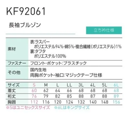 空調風神服 KF92061 長袖ブルゾン（空調風神服）（ファン・バッテリー別売）  ●どの方向からの光にも反射して、高い視認性を確保再帰性反射「ユニチカスパークライト」を使用。車のヘッドライトに反射し、暗がりでの視認性を高めて、安全をサポートします。▲再帰性反射材のお取り扱いについて・再帰性反射材は、表面にガラスビーズを塗布して制作したものです。ご家庭での繰り返しの洗濯や洗濯表示以外の取り扱い、または局部的に摩擦を受けた場合は、反射輝度が低下する恐れがあります。再帰性反射材に賛成・アルカリ性などの化学薬品や油脂、汗などの汚れが付着すると、化学変化により、再帰反射材が変色したり、反射輝度が低下することがありますので、直ちに中性洗剤または、きれいな水で洗い流し、よく乾燥させてください。漂白剤を使用しないでください。漂白剤は再帰性反射材にダメージを与える恐れがあります。裏返してネットに入れて洗ってください。きつくしぼらないでください。反射テープは特性上、縫製時の圧迫、押痕による、傷や変色により見栄えが悪くなる場合がありますが、同様に実着用においても起こる現象（外観変化）であり、反射テープの性質とご理解ください。【この商品単体ではご利用になれません。初回ご購入時には、別売りのファンユニットセットをあわせてご購入下さいませ。】二機のファンが生み出す圧倒的空調性能！！空調服とは・・・「空調服」とは、服に付いた小型ファンで、服の中に外気を取り入れ、体の表面に大量の風を流すことにより、汗を気化させて、涼しく快適に過ごしていただく為の商品です。使用するエネルギーもエアコンなどに比べて格段に少なく、環境にも配慮した製品です。工場や屋外作業などエアコンの使用できないような環境でも、快適に過ごしていただけるようになります。 特許取得の実力派！！涼しさの秘密はココ！！ファンから服の中に毎秒約20リットルの外気が取り込まれます。取り込まれた空気は、服と体の中に流れ、その家庭でかいた汗を気化させます。「生理クーラー」の原理を利用、清涼感が全体に行きわたります。服内を駆け巡る風が、気化熱を奪う。人は、体温が上がると汗をかき、蒸発による際の気化熱で体温を下げます。この「生理クーラー」と呼ばれるメカニズムを利用しているのが、空調服です。ファンから取り入れた空気を身体とユニフォームの間に流して、汗が蒸発する時の気化熱で身体を冷やして、涼しく快適な環境を作ります。夏場でも、エアコンで室内を大量に下げる必要がないため、省エネ効果はもちろん、熱中症や冷房病の防止も期待できます。※この商品は、ご注文後のキャンセル・返品・交換ができませんので、ご注意下さいませ。※なお、この商品のお支払方法は、先振込（代金引換以外）にて承り、ご入金確認後の手配となりますこの商品の旧品番は「KU92061」です。旧品番と新品番が混在する可能性がございますが、ご了承ください。旧品番は在庫がなくなり次第販売終了となります。 サイズ／スペック