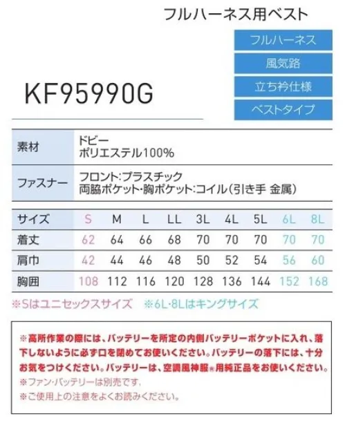 空調風神服 KF95990G フルハーネス用ベスト（空調風神服）（ファン・バッテリー別売）  フルハーネス仕様のベストが、クイックフリーファスナーで新登場●クイックフリーファスナー軽い負荷でファスナーが外れ、落下時の首吊り事故リスクを軽減●フックが掛けられる取り外し可能なD環付前身胸部分に付けられる、取り外しできるD環が休止フック掛けとなります。●腕や肩がもたつかないベストタイプ腕や肩周りの関節が動かしやすいので、ストレスを感じずに軽やかに動けます。※高所作業の際には、バッテリーを所定の内側バッテリーポケットに入れ、落下しないように必ず口を閉めてお使いください。バッテリーの落下は、十分お気をつけください。バッテリーは、空調雷神服®用純正品をお使いください。※天然素材のため、多少の色ブレ色落ちがおこる場合があります。※脱色の恐れがありますので、他の製品と同時洗いはお避け下さい。【この商品単体ではご利用になれません。初回ご購入時には、別売りのファンユニットセットをあわせてご購入下さいませ。】二機のファンが生み出す圧倒的空調性能！！空調服とは・・・「空調服」とは、服に付いた小型ファンで、服の中に外気を取り入れ、体の表面に大量の風を流すことにより、汗を気化させて、涼しく快適に過ごしていただく為の商品です。使用するエネルギーもエアコンなどに比べて格段に少なく、環境にも配慮した製品です。工場や屋外作業などエアコンの使用できないような環境でも、快適に過ごしていただけるようになります。 特許取得の実力派！！涼しさの秘密はココ！！ファンから服の中に毎秒約20リットルの外気が取り込まれます。取り込まれた空気は、服と体の中に流れ、その家庭でかいた汗を気化させます。「生理クーラー」の原理を利用、清涼感が全体に行きわたります。服内を駆け巡る風が、気化熱を奪う。人は、体温が上がると汗をかき、蒸発による際の気化熱で体温を下げます。この「生理クーラー」と呼ばれるメカニズムを利用しているのが、空調服です。ファンから取り入れた空気を身体とユニフォームの間に流して、汗が蒸発する時の気化熱で身体を冷やして、涼しく快適な環境を作ります。夏場でも、エアコンで室内を大量に下げる必要がないため、省エネ効果はもちろん、熱中症や冷房病の防止も期待できます。※この商品は、ご注文後のキャンセル・返品・交換ができませんので、ご注意下さいませ。※なお、この商品のお支払方法は、先振込（代金引換以外）にて承り、ご入金確認後の手配となりますこの商品の旧品番は「KU95990G」です。旧品番と新品番が混在する可能性がございますが、ご了承ください。旧品番は在庫がなくなり次第販売終了となります。 サイズ／スペック