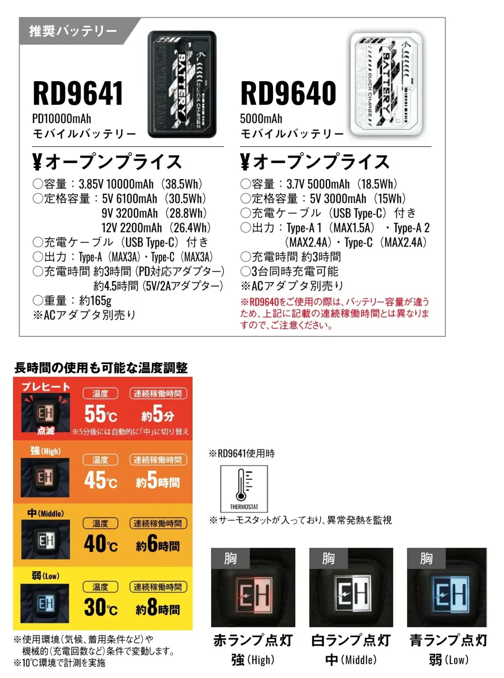 FZN 空調風神服 RD9641 モバイルバッテリー(10000mAh) サイズ・スペック