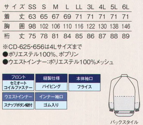 サーヴォ CD-620 長袖ジャンパー 汗をかいても持続する、ドライで爽やかな着心地COOLFRIEDE クールフリーデ®高温作業場において、体温、体調管理は作業効率に大きく影響します。素早く汗を吸い上げて、拡散・乾燥してくれる「クールフリーデ®」のユニフォームなら、涼しく快適に作業ができて、着る人のストレスも軽減してくれます。また、ストレスの軽減により作業効率のアップも期待され、それにより工場内の安全性も保たれます。「クールフリーデ®」は、帝人フロンティア（株）の登録商標です。01.素早く汗を吸収し、即座に拡散させる速乾機能「クールフリーデ®」最大の特徴は高い吸汗性と速乾性です。レギュラーポリエステルはもちろんのこと、綿と比べても素早く汗や湿気を吸収し乾燥させます。02.汗冷えしにくいドライで爽やかな着用感“ベタつき”や“汗冷え”といった不快感も綿とくらべて、大幅ひ軽減されています。そういった着用感の向上により、作業効率のアップが期待できるのです。03.高機能ポリエステル系の透けにくい安心素材白、黒の板の上にサンプルを置き、色を測定し、その差を“透け値化”とした実験より、レギュラーポリエステルに比べ、透けにくいことが実証されています。“インナーが透ける”という悩みを解消してくれます。4色展開の人気シリーズは交差汚染対策も有効です！●作業中に衣服が開くのを防ぎ、破損防止に役立つセミオートコイルファスナー●縫製仕様パイピング●インナー長袖口仕様メッシュ＆ゴム入り●本体袖口仕様フライス●体毛落下を防止するウエストインナー仕様スナップボタン縦付け サイズ／スペック