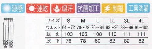 サーヴォ CD-631 男性用ホッピングパンツ COOLFRIEDE  高温の現場で涼しく快適な作業を実現。涼しく爽やか！素早い汗の吸い上げと拡散・乾燥を実現。帝人ファイバーの特殊ポリマーを高次加工し、ドライで爽やかな着心地をリーズナブルに。「クールフリーデ」は、帝人ファイバーの特殊ポリマーを高度な製糸技術と高次加工技術を融合させることによって作られた清涼感織物です。素早い汗の吸い上げと、それを即座に拡散させる速乾機能。高温作業現場における体温・体調管理に高い威力を発揮し、作業能率に好影響を与える爽やかな着心地を実現しました。ドライで爽やかな着用感。高吸汗性と速乾性。透けにくい安心素材。 サイズ／スペック