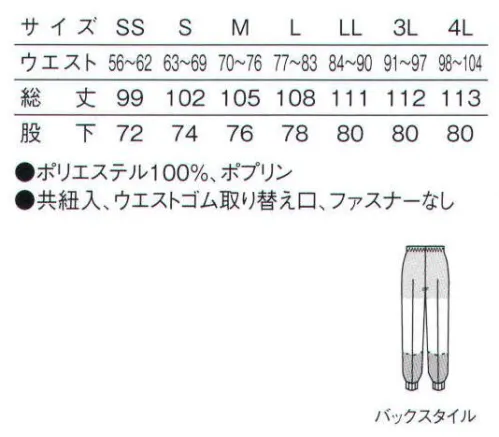 サーヴォ CD-653 ホッピングパンツ 安心、安全を改めて考えました持ち込ませな衣(い)ノーポケットで異物混入を未然に防止。フードディフェンスに貢献するパンツ！食品工場内での作業環境の安心、安全を揺るがす事件が多発しています。そこで、注目されているのがフードディフェンスという取り組み。そんな流れの中、サンペックスイストではユニフォームとしてどのようにフードディフェンスに貢献できるのかを考えました。工場内に異物を“持ち込ませない”仕様にすることが最優先と考え、『クールフリーデ』からインナーポケットのない“ノーポケット”仕様のパンツが登場しました。*フードディフェンス(食品防御)とは食品工場内における意図的な異物の混入を防止する取り組みのこと。原料調達から製造、販売までのすべての段階で、人為的に毒物などが異物混入されることのないように監視する仕組み。具体的な取り組みとしては、作業場等への監視カメラの設置、工場内外での入退場者の記録、作業場への私物持込の禁止などが行われています。安心、安全を考え抜いたディテールが満載です。●インナーのポケットを取りました工場内に異物を持ち込ませないためにインナーのポケットを取りました。フードディフェンスを意識した安心、安全につながる仕様です。●フロントにはファスナーがありません異物混入対策のために、フロントのファスナーはありません。基本的なことですが、余分なパーツを付けないことが安心、安全につながります。●インナー裏地仕様 透け防止肌色メッシュインナーが透けないように裏地は肌色をセレクト。加えて、通気性の良いメッシュ素材を採用しています。●ウエスト調節用共紐パンツのウエスト調整用紐は本体と同素材の共紐仕様です。編み紐素材のような毛羽立ちが生じません。●インナー裾口仕様 メッシュ＆鹿の子ニット裾の内側は体毛落下を防止し、しめつけ感を軽減するやわらか鹿の子ニット仕様です。●本体裾口仕様フライス裾口にはやわらかフライスを使用して、異物混入を防止します。長時間着用しても快適です。●縫製仕様 巻き伏せ縫い代のほつれを防止するとともに、体毛などの落下を防ぎ、衣服からの異物混入を軽減します。汗をかいても持続する、ドライで爽やかな着心地クールフリーデ1.素早く汗を吸収し、即座に拡散される速乾機能『クールフリーデ』最大の特徴は高い吸汗性と速乾性です。レギュラーポリエステルはもちろんのこと、綿と比べてもすばやく汗や湿気を吸収し乾燥させます。2.汗冷えしにくいドライで爽やかな着用感“ベタつき”や“汗冷え”といった不快感も綿と比べて大幅に軽減されています。そういった着用感の向上により、作業効率のアップが着たいできるのです。3.高機能ポリエステル系の透けにくい安心素材白、黒の板の上にサンプルを置き、色を測定し、その差を“透け値化”として実験結果では、レギュラーポリエステルに比べ、透けにくいことが実証されています。“インナーが透ける”という悩みを解消してくれます。 サイズ／スペック