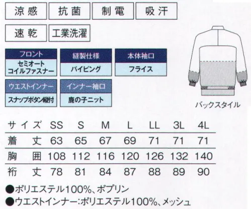 サーヴォ CD-682 長袖ジャンパー 動着やす衣。信州大学とサンペックスイストが共同開発した“動きやすい”ジャンパー。昨年登場した“動着やす衣。”ユニフォームにサックスとグリーンの新色が加わりました。信州大学繊維学部細谷研究室と共同開発したユニフォームは、“動作感”と“着用感”にこだわり、着る人のストレスを軽減してくれます。「感性工学」とサンペックスイストが持つ技術とが見事に融合し、安心、安全につながるユニフォームに仕上がっています。動作感に着目したディテールで動きやすくなりました。●背中部分をバイアス裁ちにして動きやすくなりました背中部分の生地を伸びやすくするために、バイアス裁ちにしました。そうすることで肩から腕にかけての動きがよりスムーズになり、動きやすさが向上しました。●前後身頃の袖つけの接ぎ（シーム）をなくしましたシームがあると、生地全体の伸びを妨げ、つっぱり感が出てしまいます。そんなつっぱり感を軽減するために前後身頃の袖つけのシームをなくしました。これにより腕の前後上下の動きがよりスムーズに行えます。●身頃を少しだけゆったりさせました作業をしていない状態で身頃を少しゆったりさせました。腕を伸ばした時に作業の妨げにならない絶妙なパターンは、“動作感”の向上につながり、着る人のストレスを軽減してくれます。着用感を向上させて着る人へのストレスを軽減します。●インナーフライスの幅を広げてつっぱり感を軽減インナーフライス周りを約2cm大きくしました。体毛落下防止の機能も維持しつつ、内側で腕が引っ張られるのを軽減してくれる程よい締め付け感で、着用感が向上しました。●袖丈を長くして袖口のフライスをやわらかな素材にしました袖丈を長くして、肌に接する袖口のフライス素材もやわらかくして、着用感の向上を図りました。袖丈はもたつかない程度に若干大きくすることで程よいゆとりが生まれます。体毛落下防止も考えた程よい締め付け感です。●首元はスナップボタン仕様衿にスナップボタンをつけ、フードを抑えて、ケープのズレや浮きを防止します。●縫製仕様縫い代のほつれを防止するとともに、体毛などの落下を防ぎ、衣服からの異物混入を軽減します。●前立ては比翼仕立て比翼仕立てにすることで、洗濯時のファスナーの損傷防止とファスナーを隠すことにより作用中の安全性を高めてくれます。●裾部分にもスナップボタン仕様比翼仕立ての浮きをしっかりと防止します。 サイズ／スペック