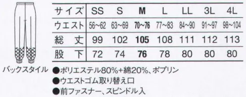 サーヴォ CL-648 ホッピングパンツ 洗濯耐久性、軽量感、ドライタッチを両立した新・吸汗速乾ポリエステル繊維「カリキュロ」。強さ、着心地、衛生力。3拍子揃ったポリエステル繊維。吸汗速乾性だけでなく、これまでのポリエステル繊維では実現が難しかった親水加工後の洗濯耐久性を大きく高めた帝人ファイバーの「カリキュロ」。繰り返し洗ってもほつれやヨレが少なく、軽くドライな着心地が続くためランニングコストの軽減にも貢献します。また、抗菌性もあるため、いつもクリーンに保てます。 ●吸水性:不規則な断面形状を持つ繊維が衣服内にスキマを生み出し、水分の通り道を形成。そのため、吸水力が大きくアップしました。 ●速乾性:吸水性を高める繊維断面の不規則性が、吸水性を高めると同時に、速乾性も高めます。 ●洗濯耐久性:繊維断面に深い溝を施すことで凹凸ができ、アンカー効果を発揮。親水加工剤が付着しやすくなり、洗濯耐久性が高まります。洗濯後にシワを作らず、いつでもシャキッとした仕上がりに。多彩な機能も、綿のような心地よい着心地も長続きするから結果的にローコストにつながります。 ●縫製技術:ポケットや体毛落下防止ネットなど、ほつれが出やすい部分は独自の縫製・仕様・パターンでパッカリングを減少させました。 ●仕上がりがキレイ:洗濯後のシワを防止。そのためシワを取る工程が必要なくなり、ランニングコストもお得です。●綿の肌ざわり:20％の綿混率でも、肌触りは驚くほどしなやか。着用する人に喜ばれる着心地を実現しました。※こちらの商品は、在庫がなくなり次第販売終了になります。 サイズ／スペック