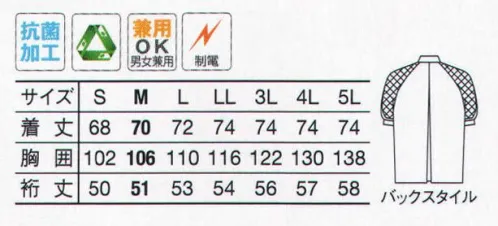 サーヴォ FA-303 半袖コート フレッシュエリア。菌を持ち込まない、繁殖させない、抗菌力をとことん高めた細菌対策繊維。常にクリーンな環境を求められる食の現場では、ユニフォームも徹底した衛生管理が求められます。サンペックスの『フレッシュエリア』は、病原性大腸菌O-157や黄色ブドウ球菌、サルモネラ菌など、繊維に付着した微生物の繁殖を強力に抑え込む細菌対策繊維。洗濯を繰り返しても、抗菌力はほとんど変わらず、また、皮膚刺激も少ない為安心して着用頂けます。 サイズ／スペック