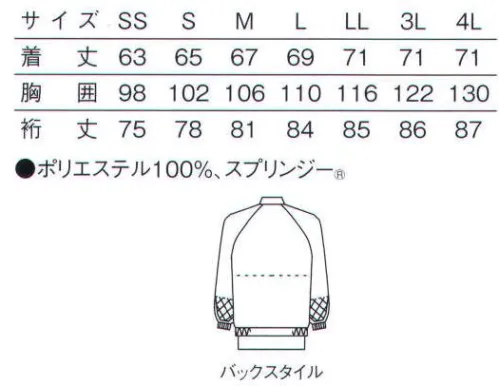 サーヴォ FJPU-1701 長袖ジャンパー すべすべの肌触り。パウダータッチがずっと続く！高温作業場向けスッキリドライ。たくさん汗をかいても、いつもすべすべの肌触り。そのヒミツは東レのスプリンジー。呼吸をするように汗や湿気を吸って、放出まで繰り返し行うから、ユニフォーム内の不快なベタつきもほとんどなし！着ている間中、爽やかなパウダータッチがず～っと続きます。こだわったのは、いつまでもドライな着心地。●汗を吸って、素早く外へ放出。ユニフォーム内の汗や湿気を吸湿し、素早く放出。不快なベタつき感をなくし、着ている間ずっと爽やかな着心地をキープします。●凹凸加工でベタつきを軽減。ドライな着心地を高めるもうひとつの工夫として、生地裏が点タッチの凹凸加工です。肌との接触面積が少ないのでベタつきを軽減します。ムレなどの不快感をとことん解消します。●優れた制電性、防塵性。異物混入防止のため制電、防塵にもこだわっています。毛羽立たないから洗濯後の繊維脱落、埃の付着も抑制できます。●お手入れ簡単で、いつもクリーン。洗濯しても残りがちな油汚れが落ちやすく、乾きもスピーディです。【快適素材スプリンジー】吸水性、速乾性、拡散性すべてにおいてハイスペックな性能が、パウダータッチの着心地を実現しました。●スナップで取り付けるタイプだから、マジックテープのようにゴミが付着しません。高耐久性なので半永久的に使えます。※この商品の旧品番は「SD-741」「SD-743」「SD-745」です。 サイズ／スペック