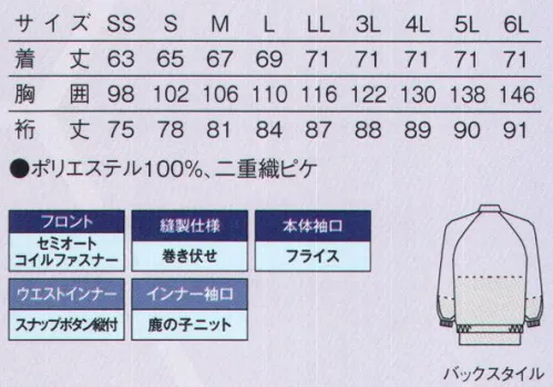 サーヴォ FJPU-1805 （VP）男女兼用長袖ジャンパー（比翼仕様） ファスナーがかくれる比翼仕様が新登場！！暑さ対策に優れたポリエステル100％素材VP バリュープライス工場作業者が作業時に感じるストレスの一つに挙げられるのが暑さ。“お求めやす衣。”として2016年の登場以来人気を誇っているのがこのVPシリーズです。暑さをやわらげてくれるポリエステル100％高機能素材で、工業洗濯耐久性も備えている、オススメの素材です。お求めやす衣。素材やディテールにこだわりコスパの高いユニフォームHACCP（ハサップ）義務化が進むと、工場の規模に関わらず安心、安全なユニフォームの重要性がより高まります。そこでサンペックスイストがオススメするのが、暑さ対策、体毛落下防止、洗濯耐久性などの高い品質を保ちつつリーズナブルな価格でご提供しているコスパの高いユニフォーム“お求めやす衣。”のVPシリーズです。交差汚染対策も考えたカラーバリエーションに加え、ファスナーの破損を軽減する比翼仕様も追加致しました。01.暑さ対策、洗濯耐久性のある品質の高い素材。02.異物混入を防ぐためのディテール。03.新商品に安全性の高い比翼仕様も登場。●ファスナー破損防止と作業中の安全性を高める前立ての比翼仕様。●三角ステッチで補強して、インナーが破れにくい仕様。●作業中に衣服が開くのを非瀬木、破損防止に役立つセミオートコイルファスナー●体毛落下を防止するウエストインナー仕様スナップボタン縦付け●インナー長袖口仕様メッシュ&鹿の子ニット●本体袖口仕様フライス●縫製仕様巻き伏せ サイズ／スペック