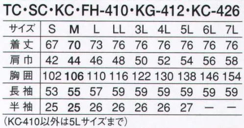 サーヴォ KC-410 コックコート 火に強く、肌触りが柔らかなコットン100％素材。折り返しのカフスは鍋つかみになるのがプロ仕様コックコートの袖が折り返してあるのは、いざというときに鍋つかみとして使える仕様。伝統の中で生まれたプロフェッショナルなディテールです。 サイズ／スペック