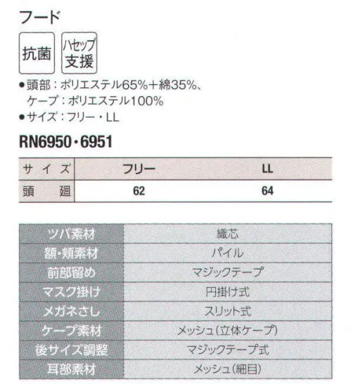 サーヴォ RN6950 フード 優れた抗菌による高い「衛生」と「安全」長時間の作業でも着心地の良さを維持できる快適フードをバリュー価格でお届けします。（食品の衛生管理システムの国際基準）HACCP支援対応のウェア。異物混入対策仕様で、さらに繊維混入防止を強化！糸のほつれを防ぐホツレ糸落下防止仕様となっています。 サイズ／スペック