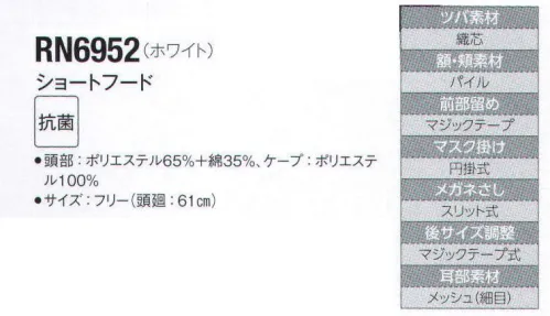 サーヴォ RN6952 ショートフード 優れた抗菌による高い「衛生」と「安全」長時間の作業でも着心地の良さを維持できる快適フードをバリュー価格でお届けします。 サイズ／スペック