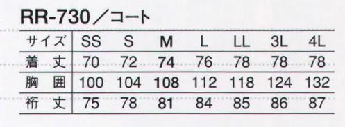サーヴォ RR-730 長袖ラグランコート 「長く使える」に特化して作られた質実剛健な素材。【RR リーズナブルレンタル】品質のよいユニフォームをできるだけ低価格で揃えたいという声に応えたのがコチラです。常温食品工場に求められる機能をクリアしつつ、こだわったのは耐久性。工業洗濯に対応する耐久性、復元性が自慢のユニフォームです。●縫製の工夫で実現した優れた形態安定性。縫製技術など改良を加え、洗濯後の復元性を高めました。改良前と比べ、形態安定性は格段に向上しています。●コスト削減に繋がる高度な洗濯耐久性。当社で実際に工業洗濯を50回実施しました。洗濯耐久性に優れて、長い間使うことができるので、ランニングコストの削減に繋がります。 サイズ／スペック