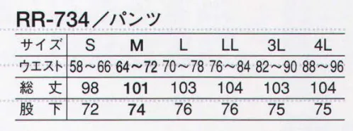 サーヴォ RR-734 女性用パンツ 「長く使える」に特化して作られた質実剛健な素材。【RR リーズナブルレンタル】品質のよいユニフォームをできるだけ低価格で揃えたいという声に応えたのがコチラです。常温食品工場に求められる機能をクリアしつつ、こだわったのは耐久性。工業洗濯に対応する耐久性、復元性が自慢のユニフォームです。●縫製の工夫で実現した優れた形態安定性。縫製技術など改良を加え、洗濯後の復元性を高めました。改良前と比べ、形態安定性は格段に向上しています。●コスト削減に繋がる高度な洗濯耐久性。当社で実際に工業洗濯を50回実施しました。洗濯耐久性に優れて、長い間使うことができるので、ランニングコストの削減に繋がります。 サイズ／スペック