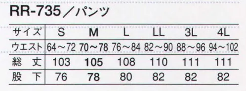 サーヴォ RR-735 男性用ホッピングパンツ 「長く使える」に特化して作られた質実剛健な素材。【RR リーズナブルレンタル】品質のよいユニフォームをできるだけ低価格で揃えたいという声に応えたのがコチラです。常温食品工場に求められる機能をクリアしつつ、こだわったのは耐久性。工業洗濯に対応する耐久性、復元性が自慢のユニフォームです。●縫製の工夫で実現した優れた形態安定性。縫製技術など改良を加え、洗濯後の復元性を高めました。改良前と比べ、形態安定性は格段に向上しています。●コスト削減に繋がる高度な洗濯耐久性。当社で実際に工業洗濯を50回実施しました。洗濯耐久性に優れて、長い間使うことができるので、ランニングコストの削減に繋がります。肌にべとつかず、下着が透けにくいトリコットメッシュの裏地付きパンツです。 サイズ／スペック