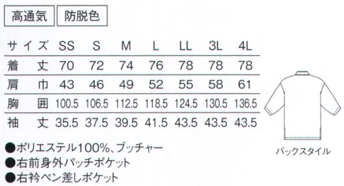 サーヴォ SBLU-1702-B9 男女兼用作務衣上着 和の風景に溶け込む詫び寂びのある趣 それが作務衣の魅力です居酒屋から旅館まで幅広く使えます！大人気の作務衣にSSサイズと4Lサイズ新登場！旅館から居酒屋まで欠かせない存在の「作務衣」をもっと使いやすく！そんなコンセプトで開発したのがこのモデル。ニーズの多い、サイズ展開を広げ、防脱色加工済み！さらにハーフパンツも登場しました。とても通気性のいい素材使いもポイントです。●はだけを防止するストラップ付作務衣の前合わせがはだけないように、裏側にストラップを装備。忙しい時にも安心の機能です。●合わせの裏側にはポケットも内蔵前合わせの中にポケットとペン差しポケットを装備して、作務衣の弱点だった収納力もしっかりカバー。NO！色落ち！強力防脱色！ウォーターフェードガードCl塩素系漂白剤にする退色を防止する加工ウォーターフェードガードClは、ポリエステル100％に対して、漂白剤による退色を防止する効果を付与します。また、繰り返し洗濯してもその効果は持続します。さらに吸水性を有しているため、汗を吸う効果も期待できます。 サイズ／スペック