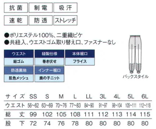 サーヴォ VP-622 ホッピングパンツ 安心、安全を改めて考えましたお求めやす衣(い)素材やディテールにもこだわった納得安心のリーズナブルプライスリーズナブルな価格の商品をご提供することは重要です。しかし、価格にこだわるあまり、ユニフォームに必要な安全性を無視してはいけません。暑さ対策を考えた素材選びはもとより、体毛落下防止や、洗濯耐久性などの安全対策にもこだわった商品です。サンペックスイストが自信を持ってオススメする、高温対策対応のジャンパーとパンツを“お求めやすい”価格でご提供致します。●フロントにはファスナーがありません異物混入対策のために、フロントのファスナーはありません。基本的なことですが、余分なパーツを付けないことが安心、安全に繋がります。●インナー裾口仕様メッシュ＆鹿の子ニット裾の内側は体毛落下を防止し、締め付け感を軽減するやわらか鹿の子ニット仕様です。●本体裾口仕様フライス裾口にはやわらかフライスを使用して、異物混入を防止します。長時間着用しても快適です。●ウエスト調節用共紐パンツのウエスト調節用紐は本体と同素材の共紐仕様です。編み紐素材のような毛羽立ちが生じません。●インナー裏地仕様透け防止肌色メッシュインナーが透けないように裏地は肌色をセレクト。加えて、通気性の良いメッシュ素材を採用しています。●縫製仕様 巻き伏せ縫い代のほつれを防止するとともに、体毛などの落下を防ぎ、衣服からの異物混入を軽減します。MD志村将司価格は抑えつつ、サンペックスイストのこだわりが随所に見られます！！「暑さ対策や、工業洗濯にも耐えられる厳選素材に加え、体毛落下防止などの実用的ディテールも満載。それでいて価格が抑えられた、実にコストパフォーマンスの高いアイテムです！」 サイズ／スペック